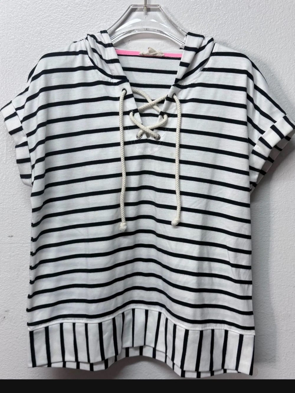 LOVE & DELANCY Striped Hoodedā Top Lace Up Neck Short Sleeve Nautical Style